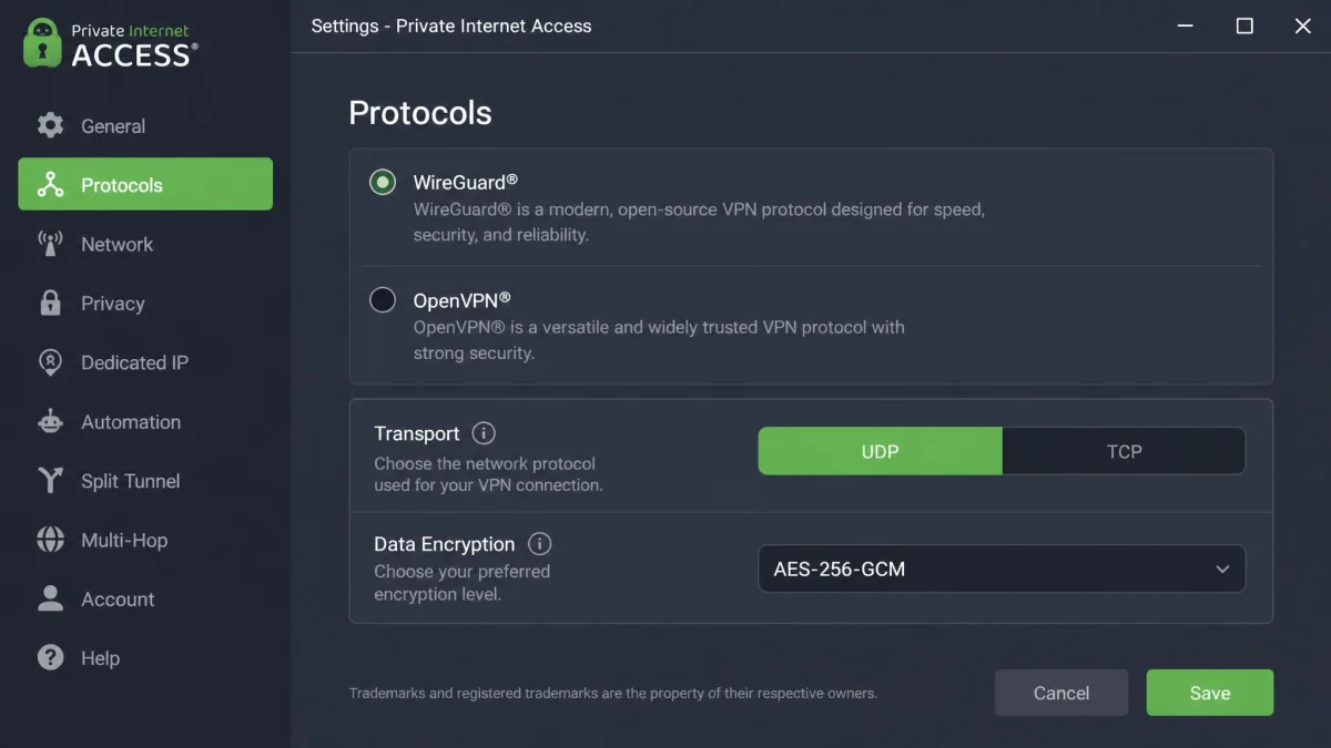 Private Internet Access desktop settings open on the Protocols tab, showing WireGuard and OpenVPN options, the UDP or TCP selector and encryption choices.