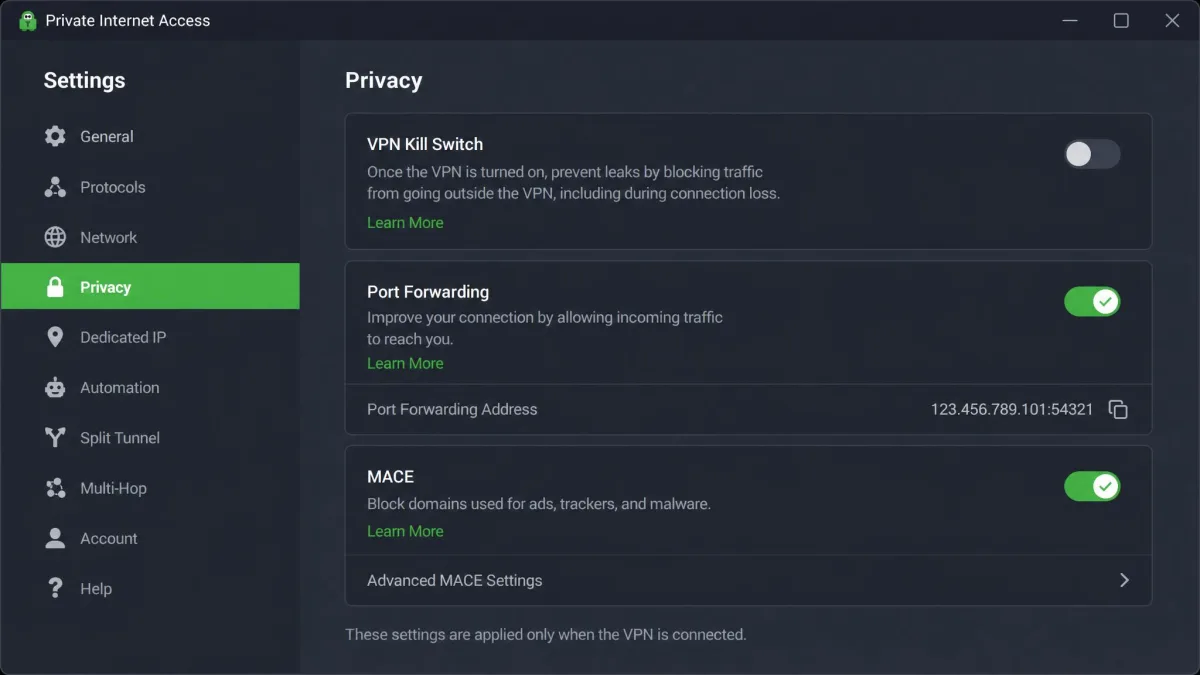 Private Internet Access app settings with the port forwarding and MACE ad blocker toggles both switched on.