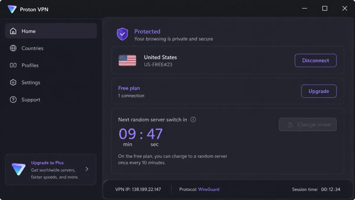 Proton VPN's free plan screen showing the Change server button greyed out with a countdown timer before the next random server switch is allowed.