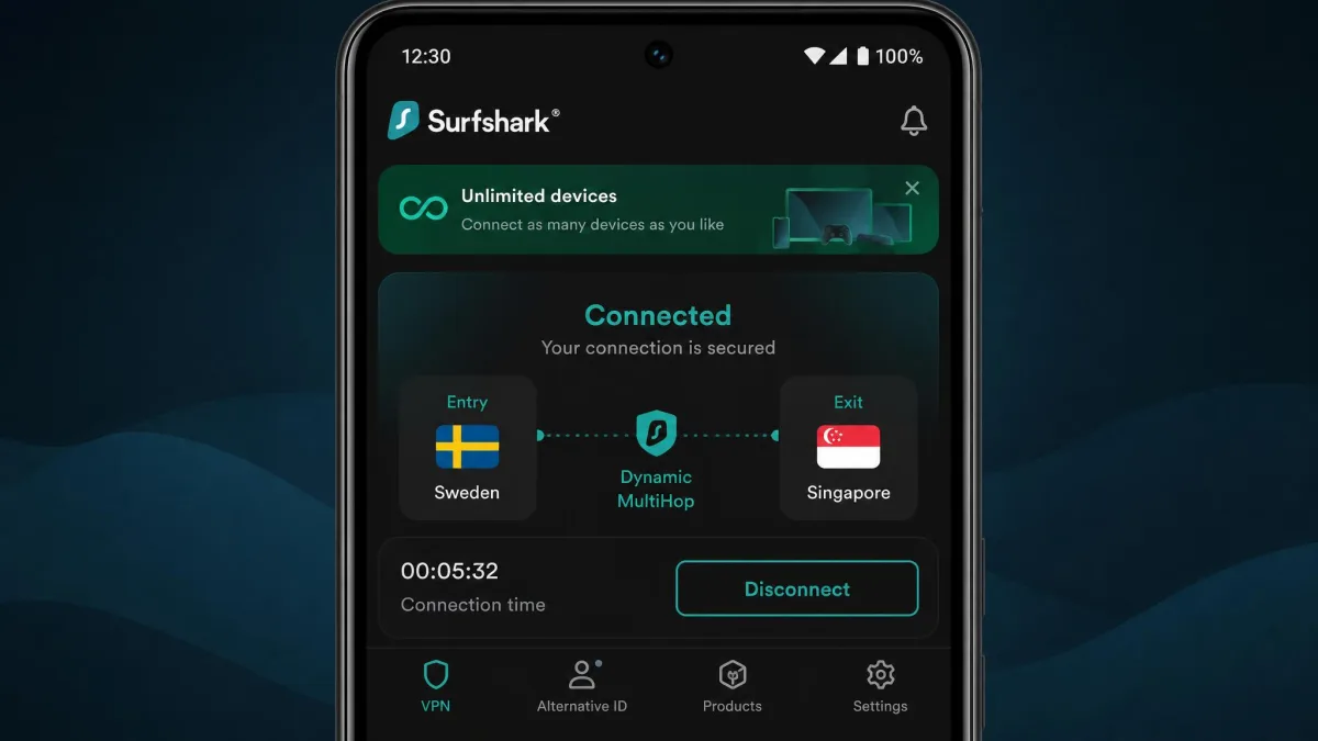 Surfshark's Android app connected through a Dynamic MultiHop route, with the entry and exit country flags and the unlimited devices banner visible.