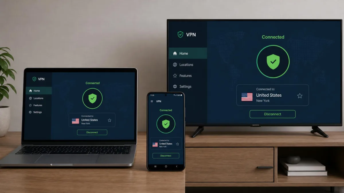 A laptop, an Android phone and a smart TV side by side, each showing a VPN app connected to the same server location.