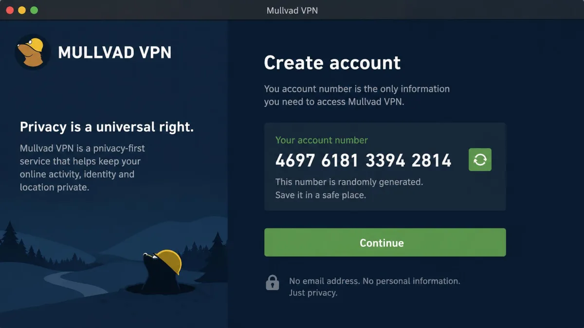 The Mullvad signup screen displaying a randomly generated account number with no email field, illustrating its anonymous WireGuard signup.