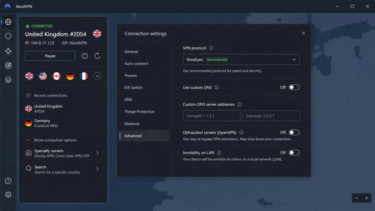 The NordVPN desktop app with the connection settings open, showing NordLynx selected as the protocol and a connected status to a nearby server.
