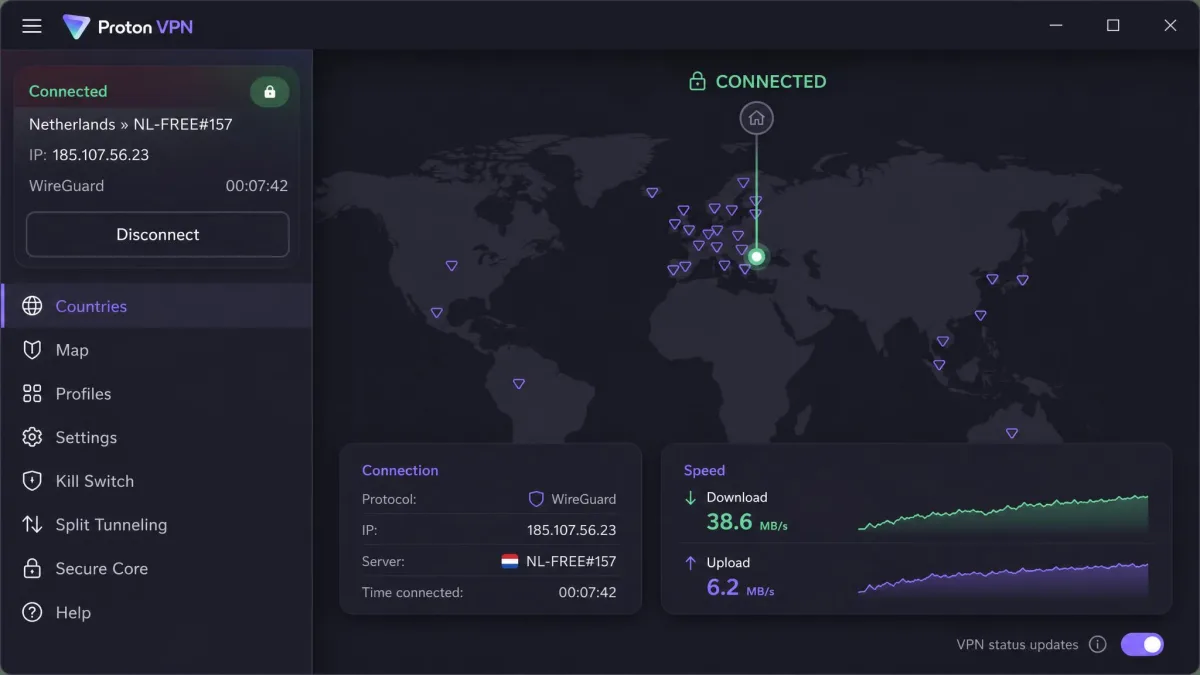 The Proton VPN app connected over WireGuard to a European server, showing the protocol setting and a live download speed readout.