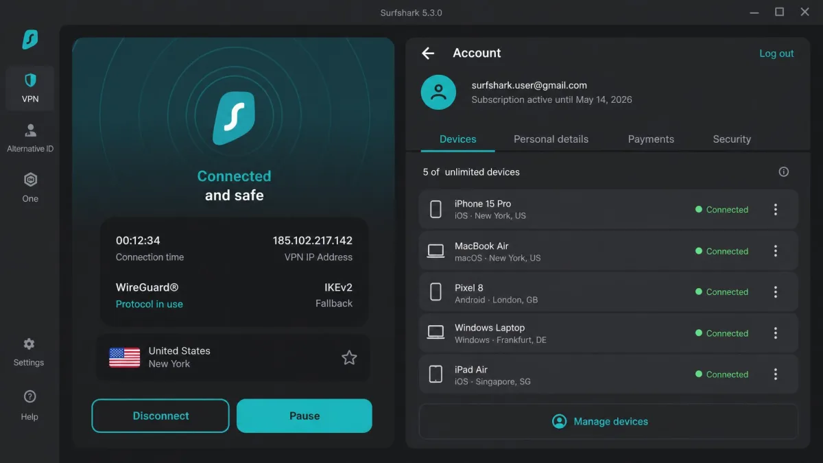 The Surfshark app connected over WireGuard with the account panel showing multiple simultaneous devices connected across phones and laptops.