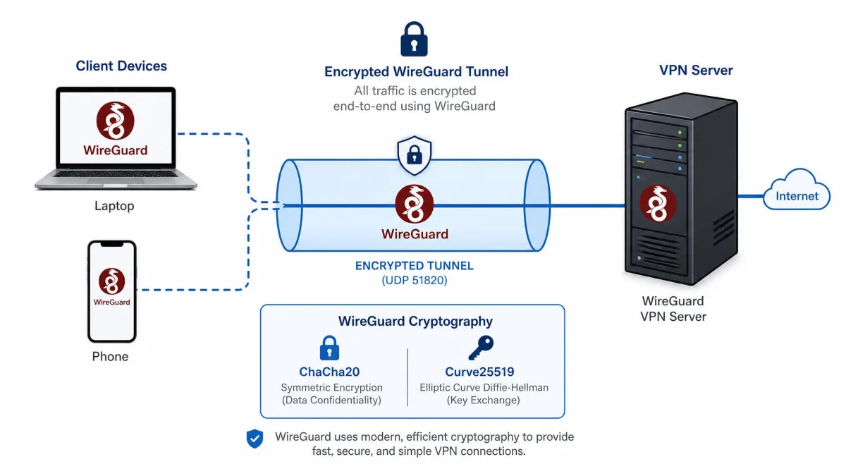 A network diagram showing a laptop and a phone connecting through an encrypted WireGuard tunnel to a VPN server, labeled with the ChaCha20 and Curve25519 cryptography used by the protocol.