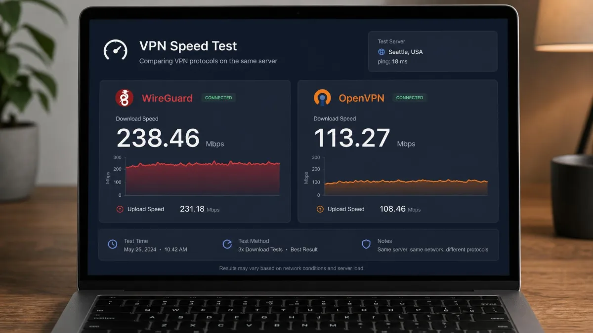 A speed-test dashboard on a laptop showing WireGuard download results next to OpenVPN results for the same VPN server, with the WireGuard figure roughly double the OpenVPN figure.