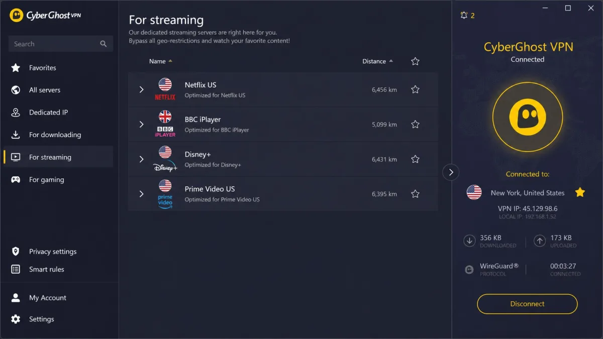 CyberGhost's Windows app showing its dedicated streaming server list, with servers labelled for Netflix US, BBC iPlayer, Disney+ and Prime Video.