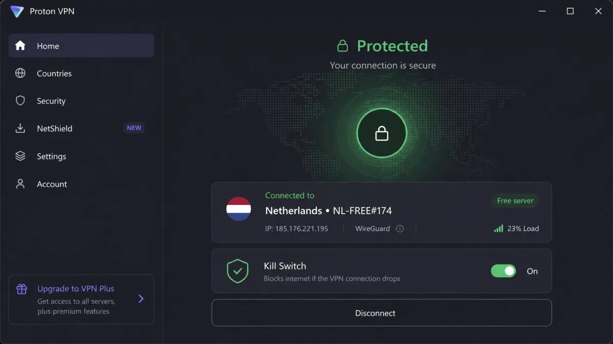 Proton VPN's free plan connect screen on Windows, showing an automatically chosen free server, the green protected status and the kill switch toggle.
