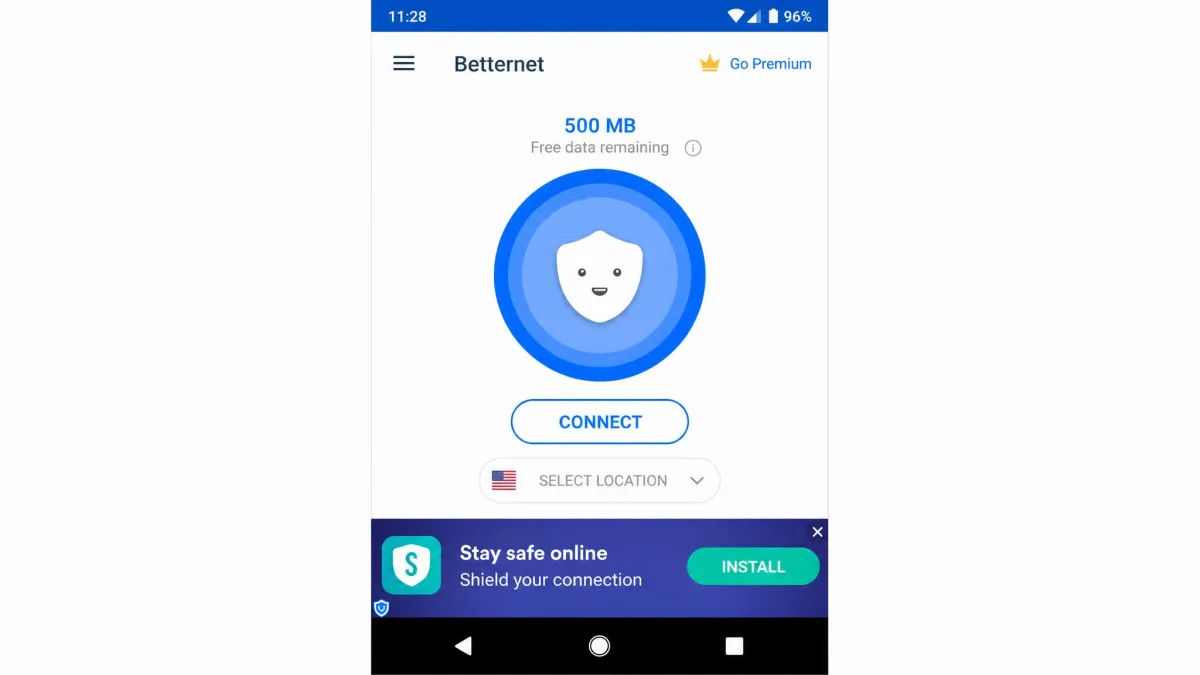 The Betternet Android app home screen showing the one-tap connect button, a banner ad along the bottom, and the remaining free data allowance displayed near the top.