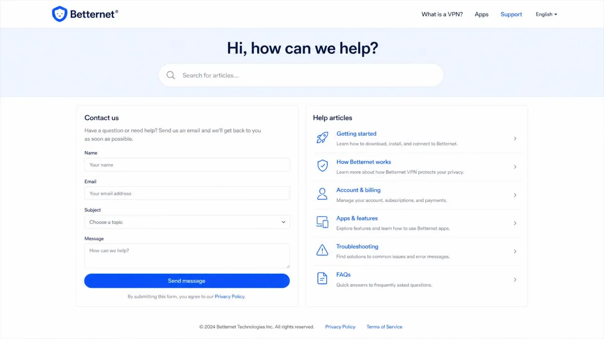The Betternet support page showing an email contact form and help articles, with no live chat option visible.