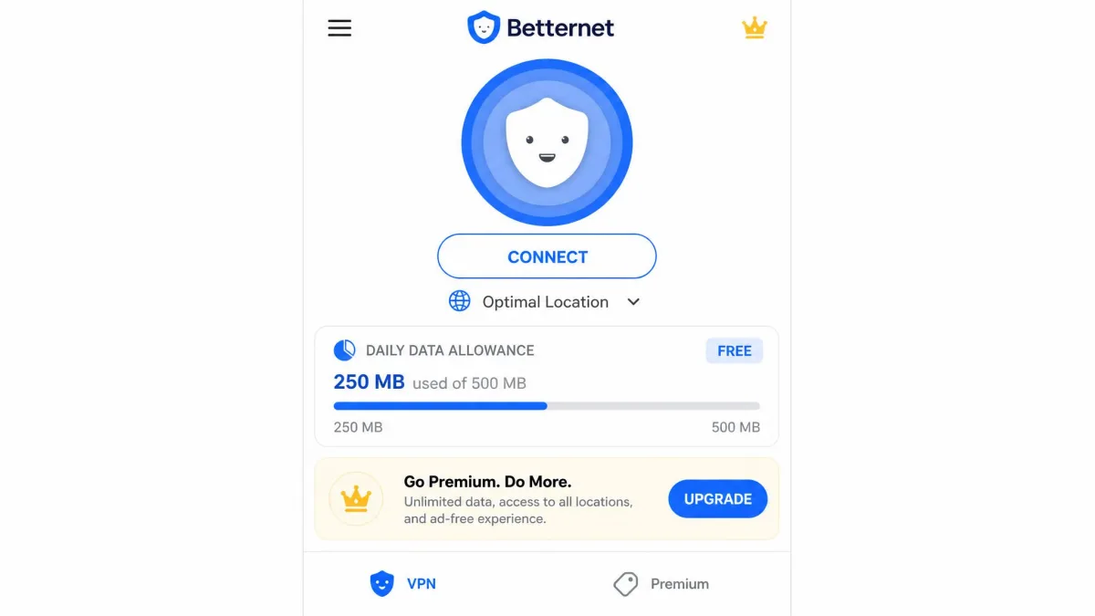 The Betternet free tier interface showing the 500 MB daily data allowance with a progress bar and an upgrade-to-premium prompt.
