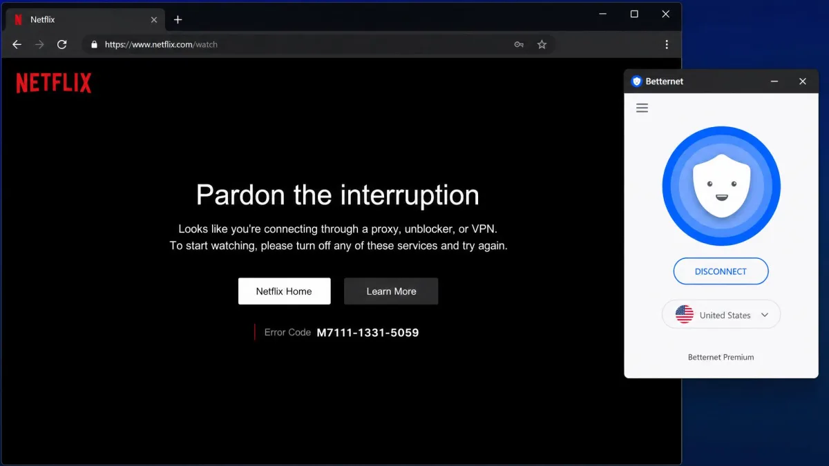 A Netflix error screen reading that a proxy or unblocker is detected, displayed in a browser while connected to a Betternet US server.