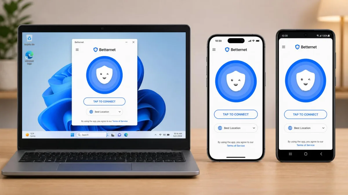 Betternet apps shown side by side on a Windows laptop, an iPhone, and an Android phone, each displaying the one-tap connect screen.