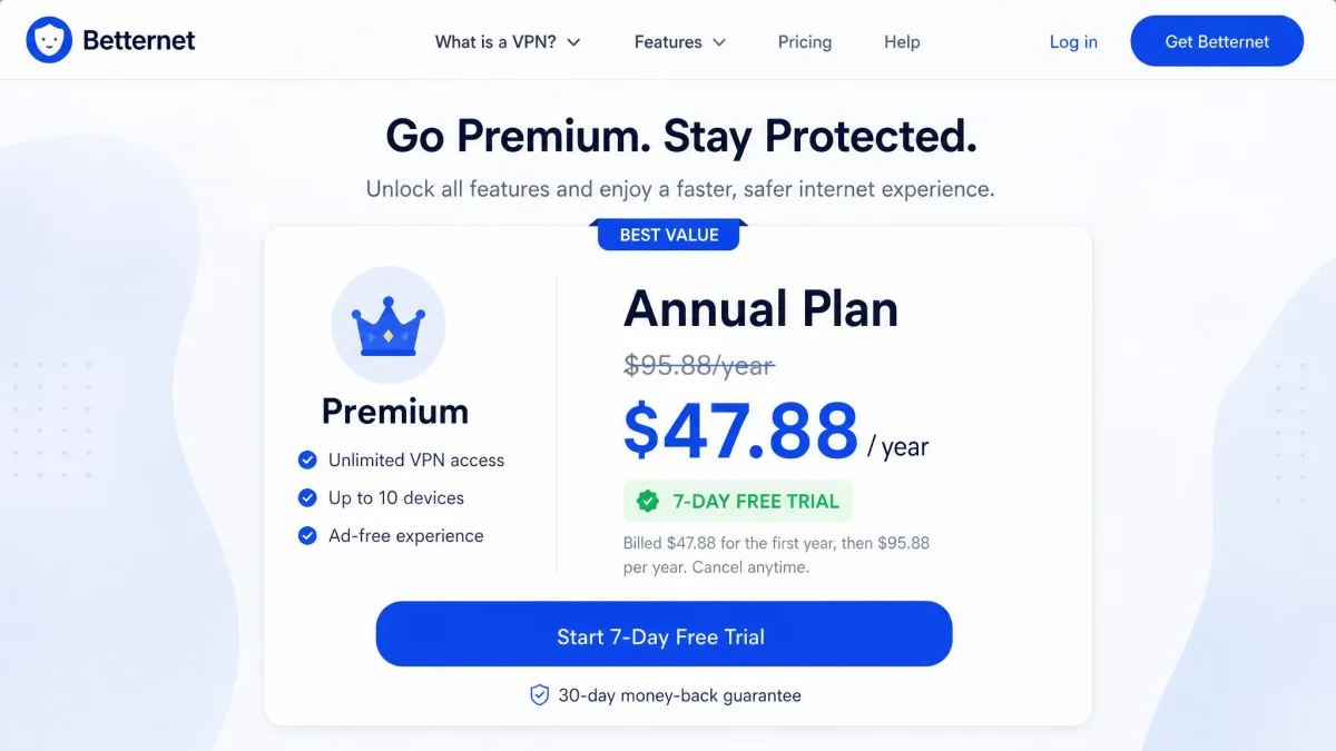 The Betternet pricing page showing the premium annual plan with a struck-through regular price, a discounted first-year rate, and a seven-day free trial badge.