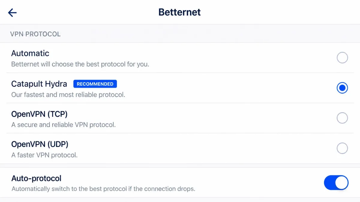The Betternet settings screen showing the VPN protocol options with Catapult Hydra selected and an auto-protocol toggle enabled.