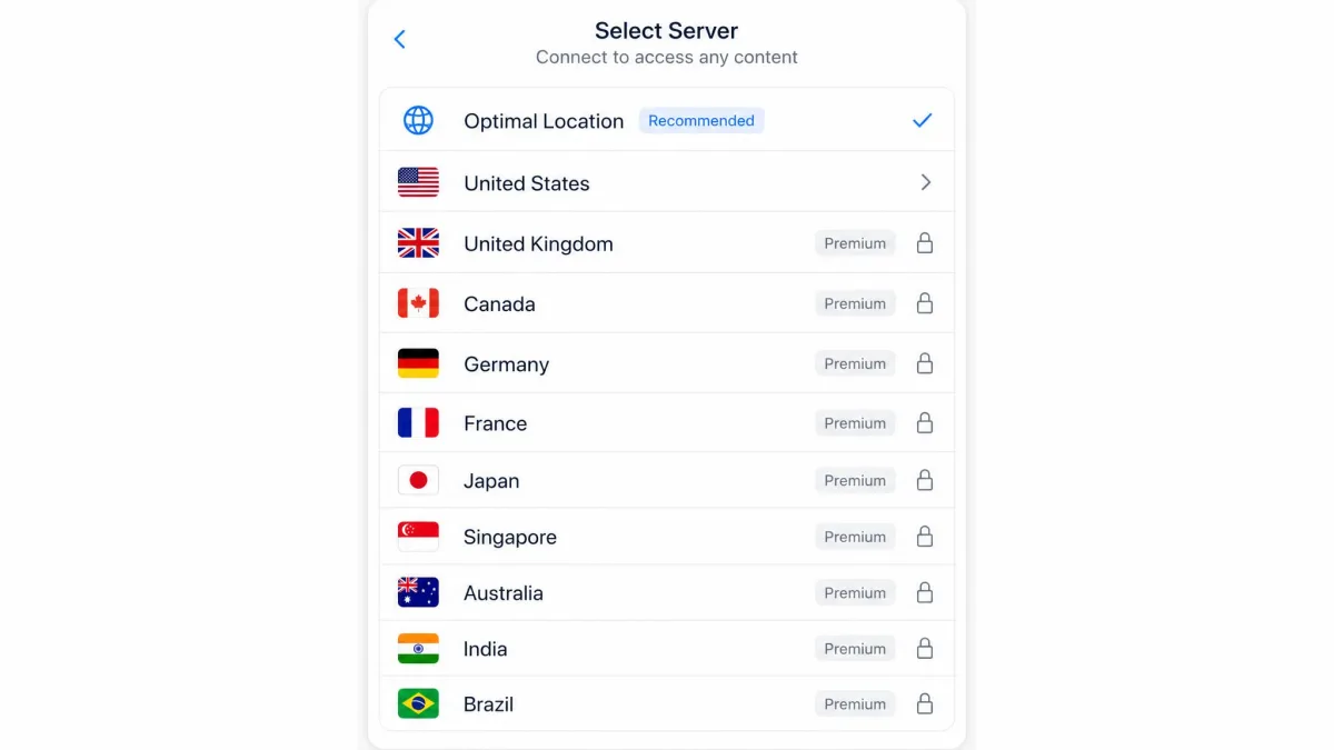 The Betternet server selection screen listing available country locations with flags, with several premium-only locations marked by a lock icon.