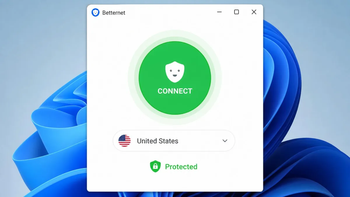 The Betternet Windows desktop app showing a single large connect button turned green with a US server location selected and a status label reading Protected.