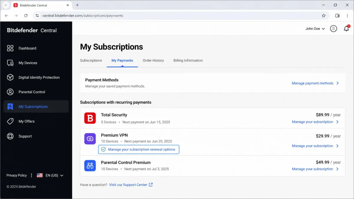 Bitdefender Central's My Subscriptions page in a web browser, with the My Payments tab open and the Manage your subscription renewal options link highlighted next to a Premium VPN subscription.