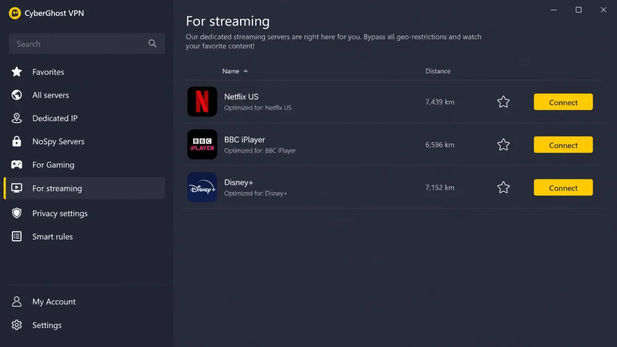 CyberGhost's Windows app showing the For streaming server tab, with servers labeled Netflix US, BBC iPlayer and Disney+ and a connect button beside each.