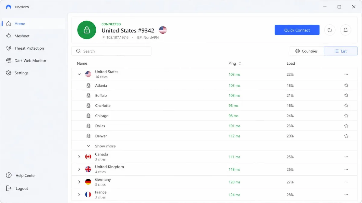 NordVPN's Windows app in list view, showing country entries expanded to city-level servers with the Quick Connect button and a connected status at the top.