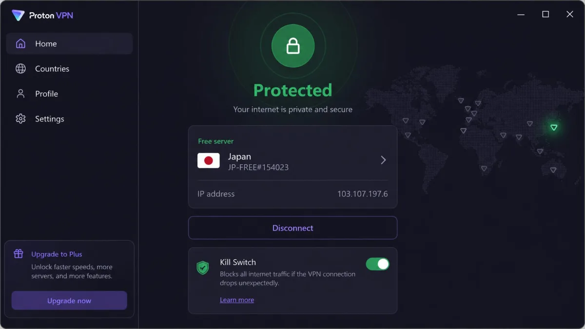 Proton VPN's free plan connect screen on Windows, showing an automatically chosen free server, the green protected status and the kill switch toggle.
