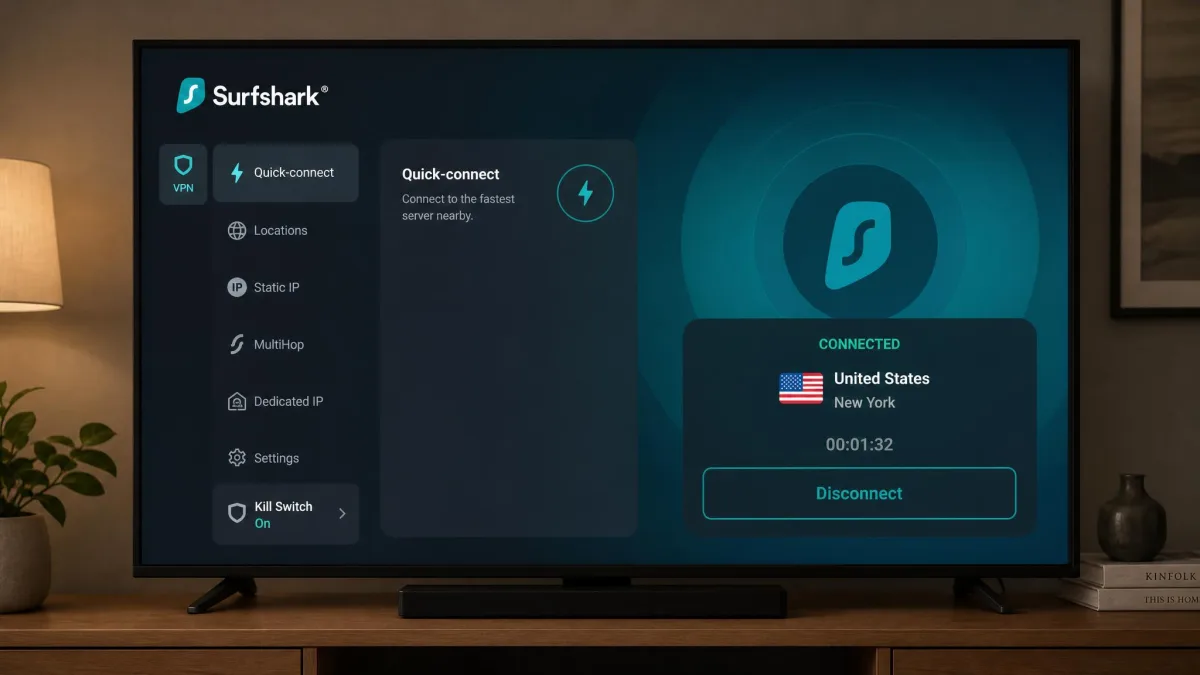 Surfshark's Fire TV app on a living-room television, showing a connected US server, the Quick-connect tile and the kill switch setting in the side menu.