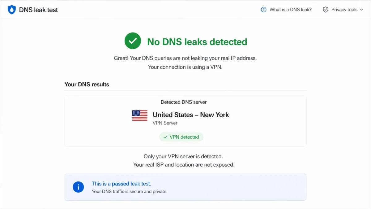Browser-based DNS leak test result page showing only the VPN server location and no exposure of the user's real ISP, confirming a passed leak test.
