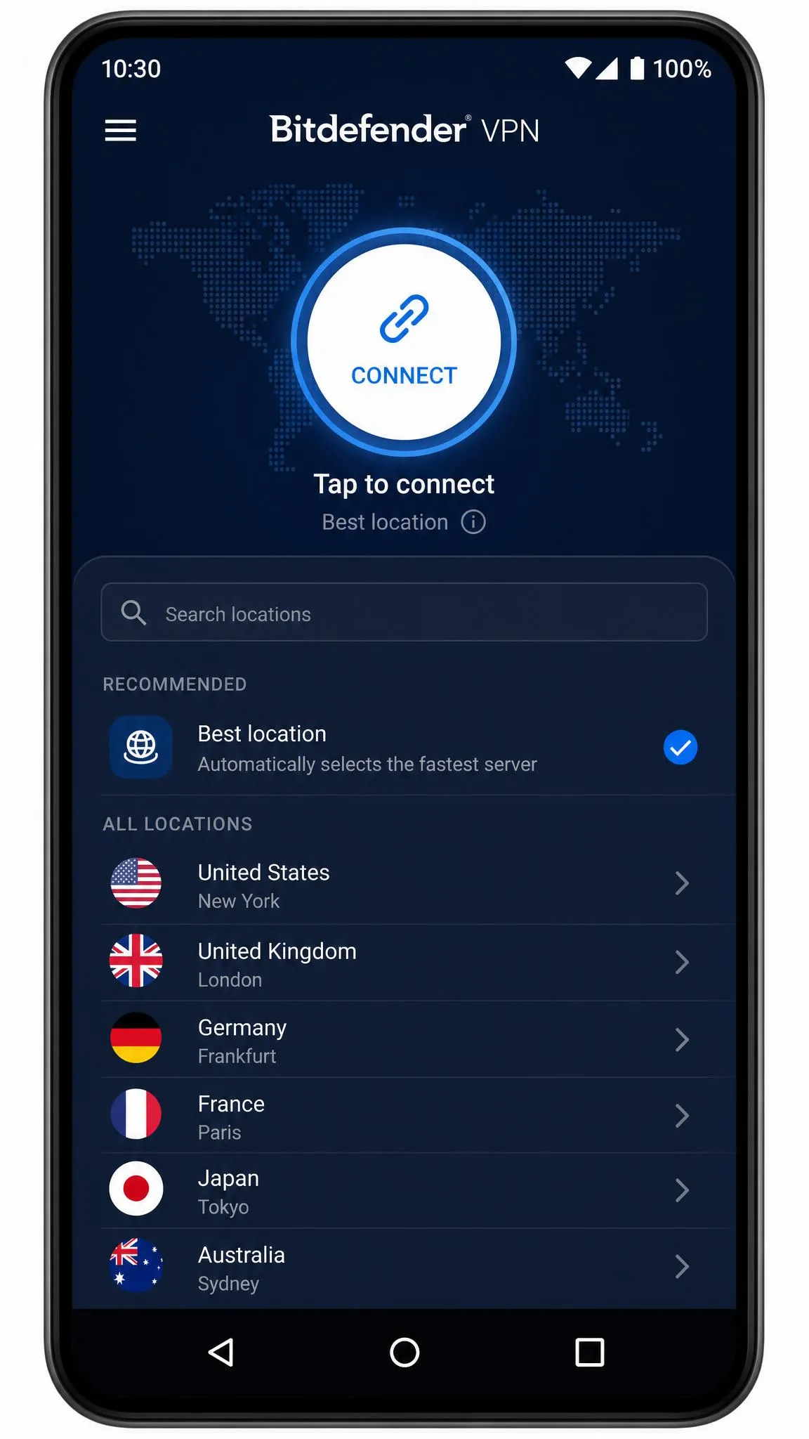 Bitdefender VPN Android app displaying the server location list with country flags and a search bar, alongside the one-tap connect button.