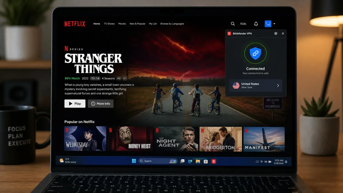 Laptop screen showing Netflix playing while connected to a Bitdefender VPN US server, with the VPN connection indicator visible in the corner.