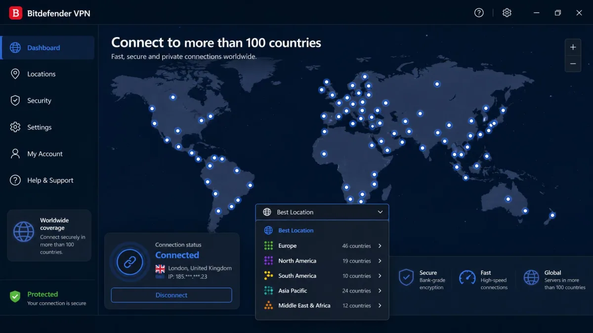 Bitdefender VPN world map interface with highlighted server locations across more than 100 countries and a dropdown list of selectable regions.