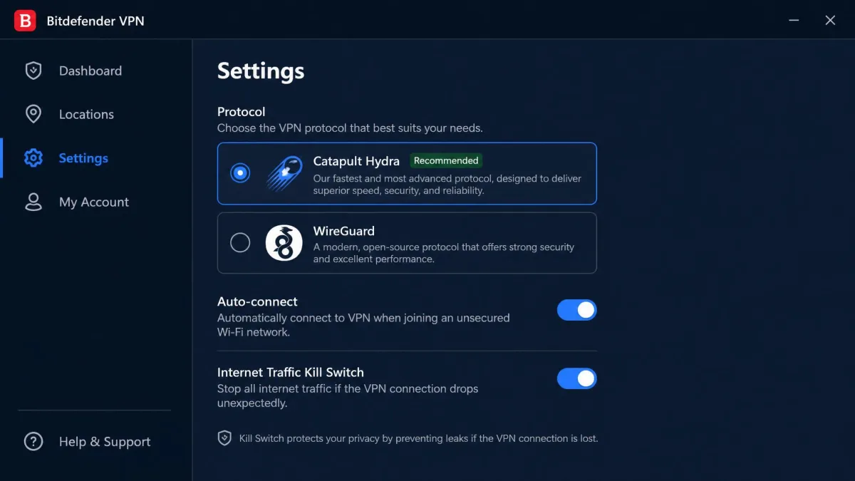 Bitdefender VPN settings screen showing the protocol options with Catapult Hydra and WireGuard, plus toggles for auto-connect and the kill switch.