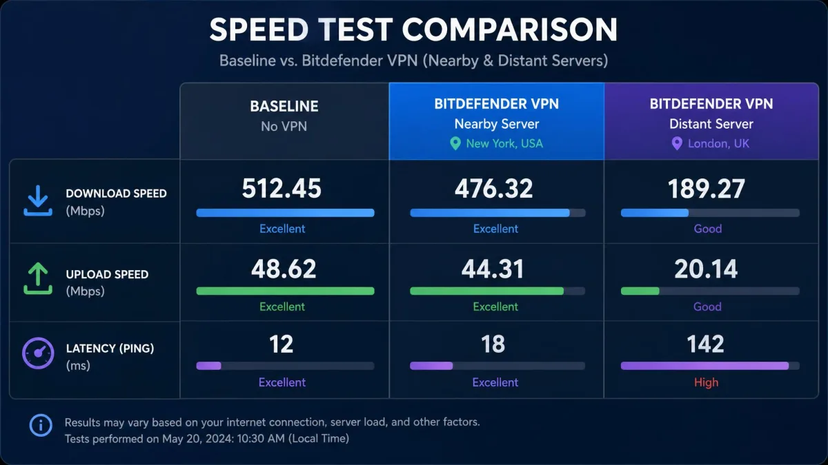 Speed test comparison chart showing baseline download speed versus Bitdefender VPN speeds on a nearby server and a distant server, with latency rising on the far location.