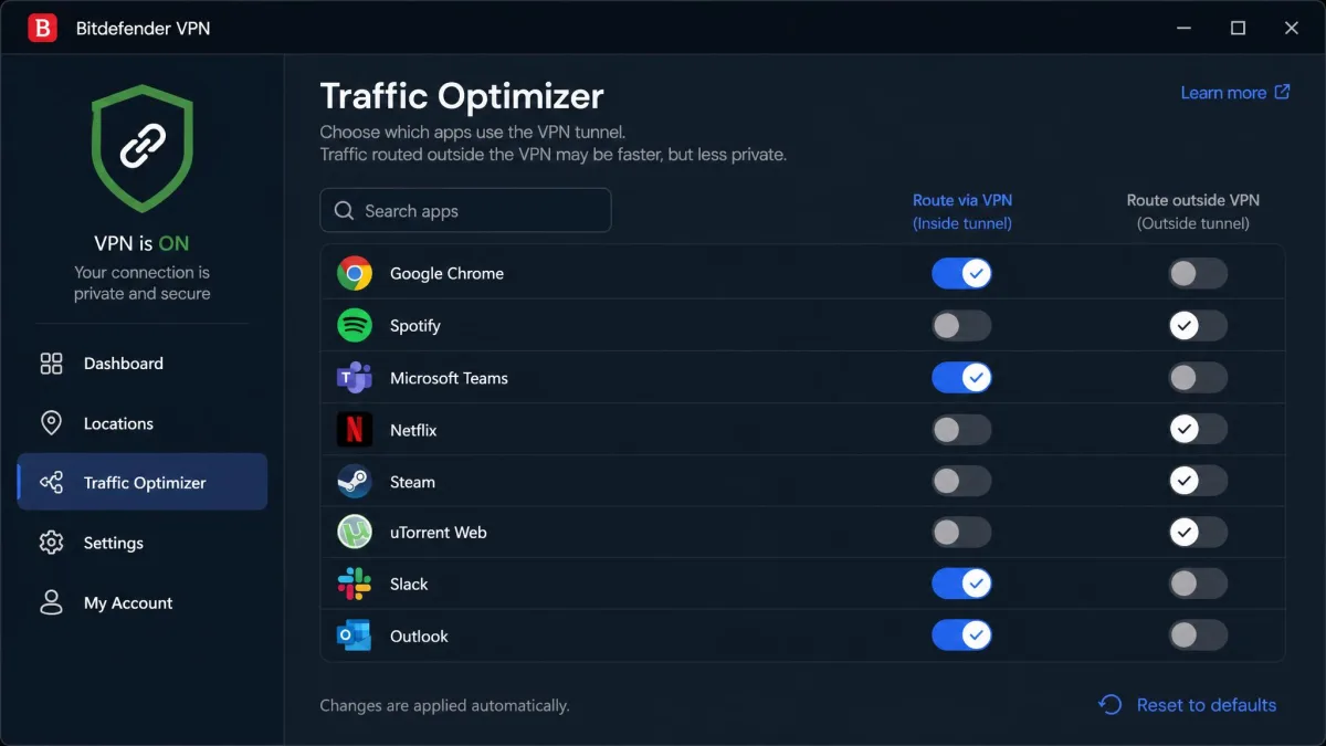 Bitdefender VPN App Traffic Optimizer screen listing installed apps with per-app toggles to route traffic inside or outside the VPN tunnel.