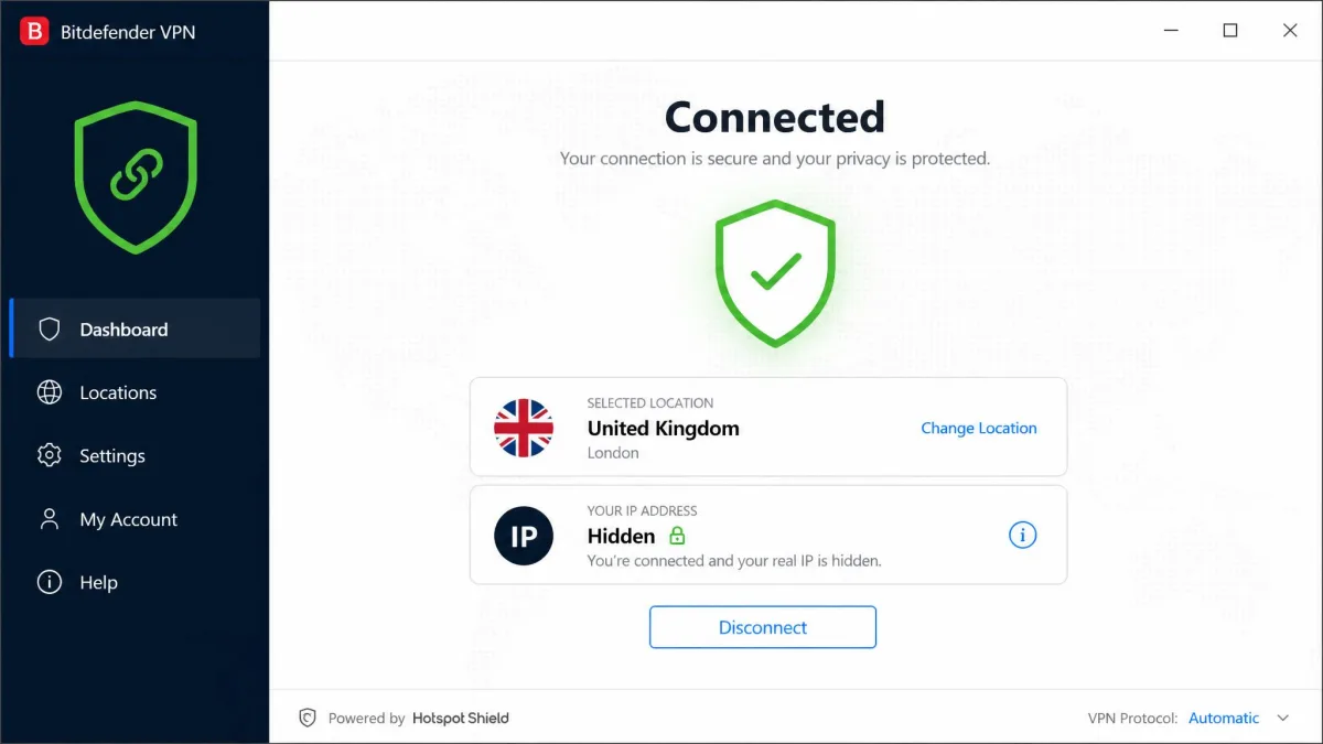 Bitdefender VPN Windows app showing a connected status with a green shield, the selected server country, and the current IP address hidden behind the VPN.