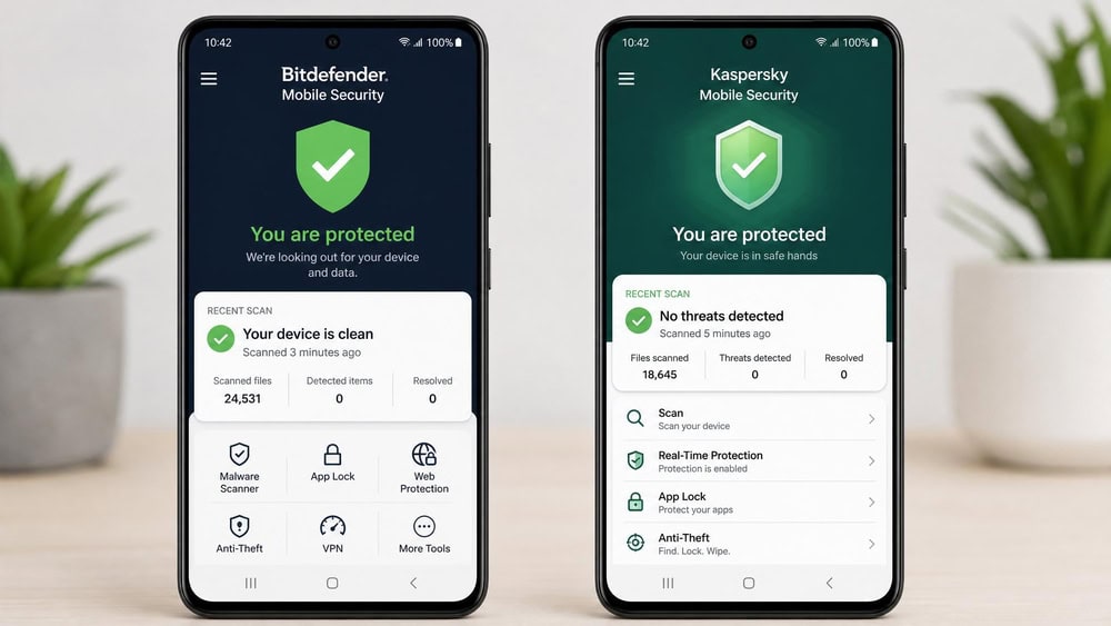 Bitdefender and Kaspersky mobile security apps shown side by side on two Android phones, each displaying a green protected status and a recent scan summary.