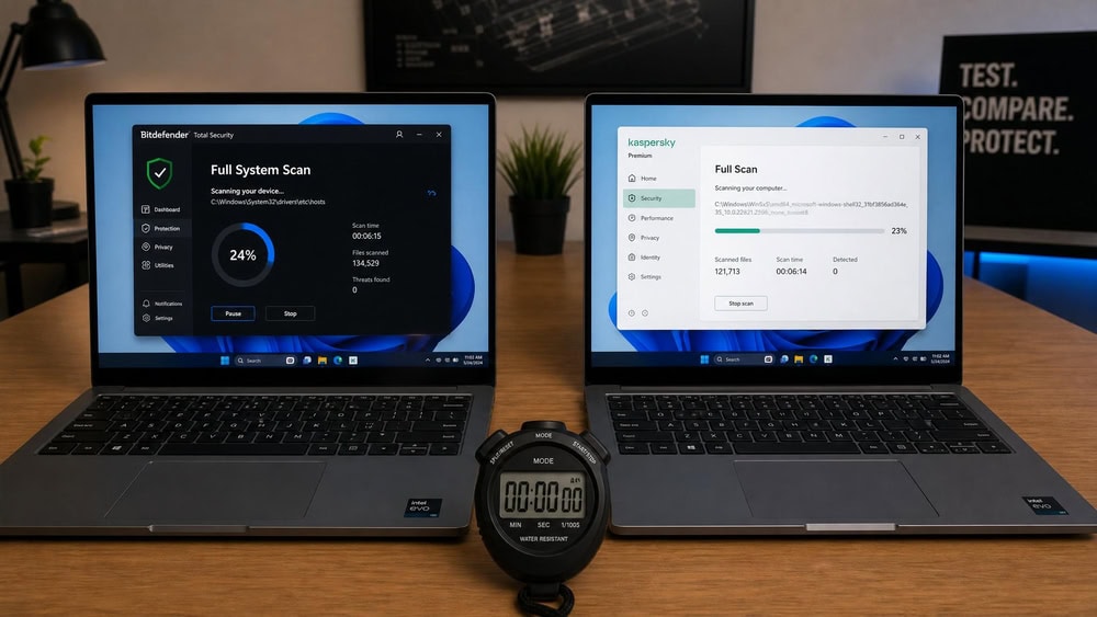 Two identical Windows 11 laptops on a desk mid-test, one running a Bitdefender full system scan and the other a Kaspersky scan, with a stopwatch in the foreground.