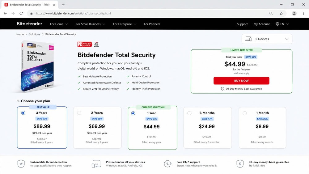 Bitdefender Total Security pricing page in a browser showing the five-device first-year promotional price and the multi-year plan options.