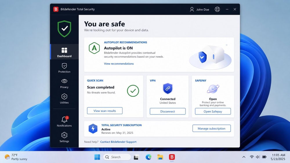 Bitdefender Total Security main dashboard on Windows 11 showing the green Autopilot status, a completed quick scan, and the VPN and Safepay shortcuts.