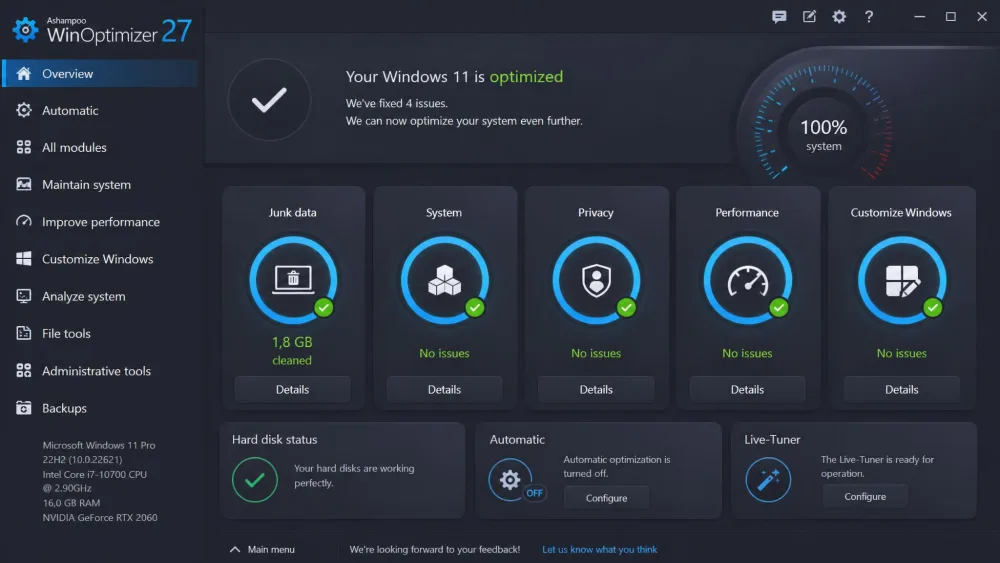 Ashampoo WinOptimizer screenshot
