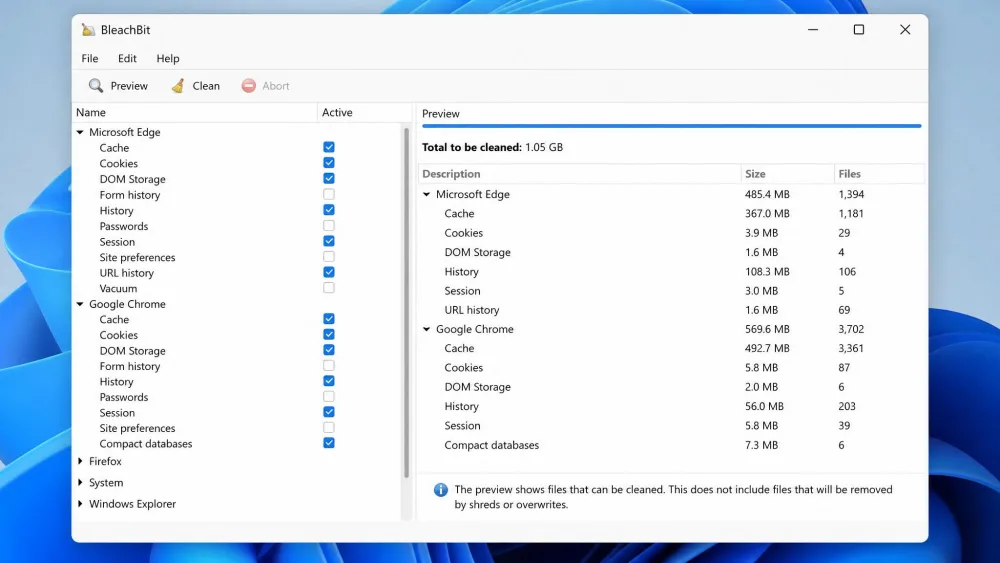 The BleachBit main window on Windows 11 showing the left-hand cleaner list with browser cache checkboxes ticked and the Preview results listing files ready to be cleaned.