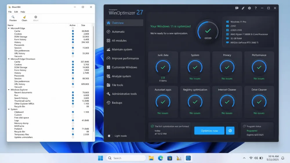 The BleachBit and Ashampoo WinOptimizer main windows shown side by side on a Windows 11 desktop, BleachBit's plain cleaner list on the left and WinOptimizer's tiled dashboard on the right.