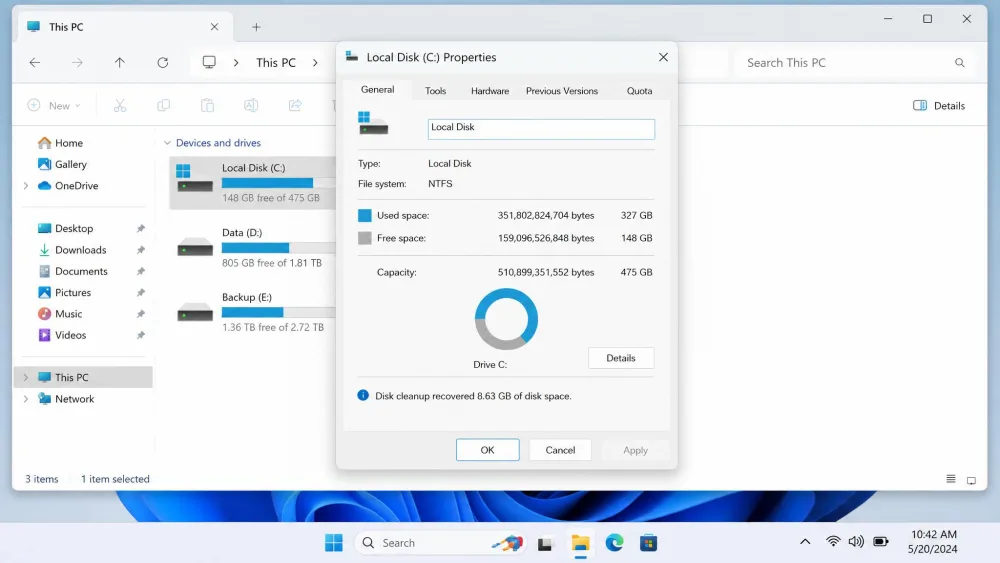 A Windows 11 File Explorer drive properties window showing recovered free disk space after a cleanup run, used to measure before-and-after results during testing.