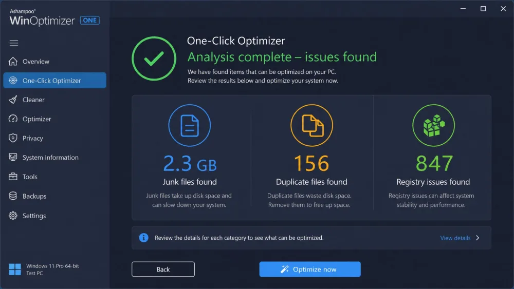 The Ashampoo WinOptimizer One-Click Optimizer results screen showing 2.3GB of junk files, 156 duplicate files, and 847 registry issues found on a Windows 11 test PC.