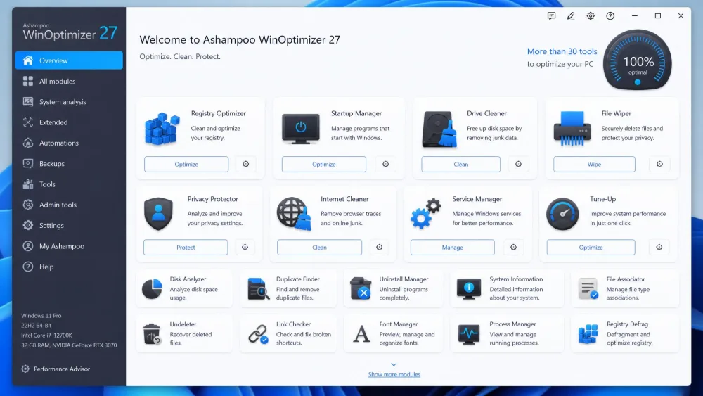 The Ashampoo WinOptimizer modules dashboard on Windows 11 showing tiles for Registry Optimizer, Startup Manager, Drive Cleaner, and File Wiper among more than thirty tools.