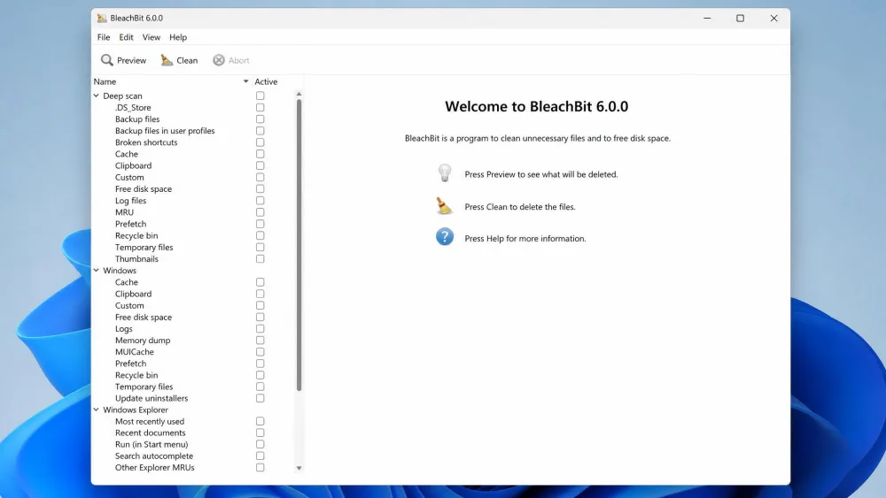 The BleachBit 6.0.0 main window on Windows 11, showing the cleaner category checklist on the left before a scan is run.