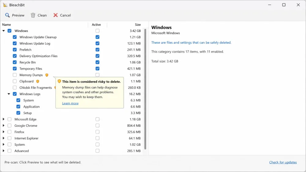 BleachBit's pre-scan category checklist on Windows, with tooltip text flagging which items are risky to delete.