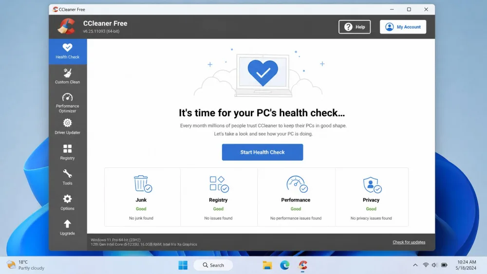 The CCleaner Free Health Check dashboard on a Windows 11 laptop, with navigation tabs down the left side.