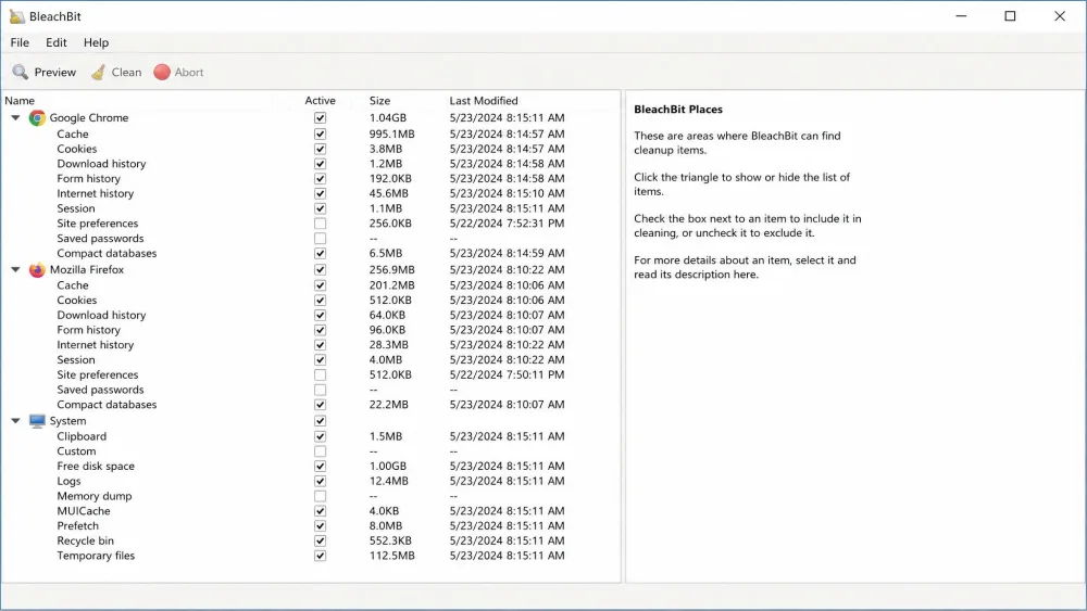 The BleachBit Places tree on Windows showing dated, manual checkboxes for Chrome, Firefox, and System items alongside a Clean button.
