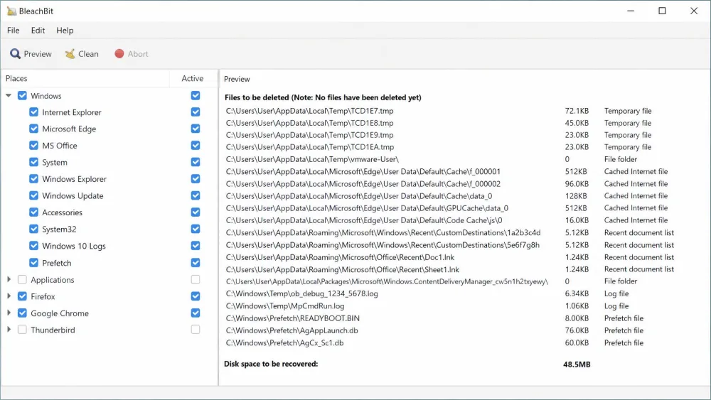 The BleachBit main window on Windows showing the Places checkbox list beside a Preview pane listing the temporary files that would be deleted before cleaning runs.
